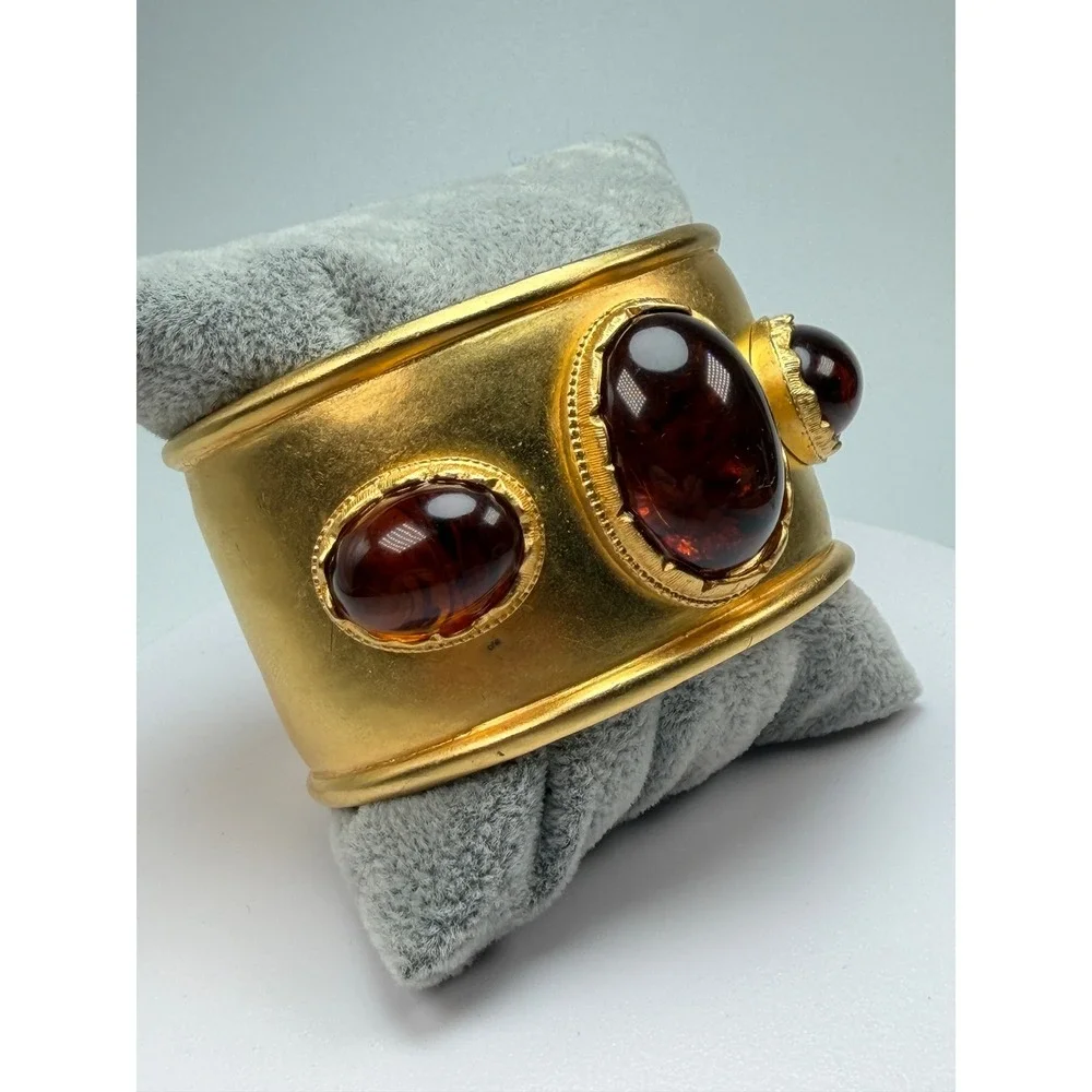 Vintage KJL Kenneth Jay Lane Wide Gold Tone Cuff Bracelet Amber Cabochon #1205